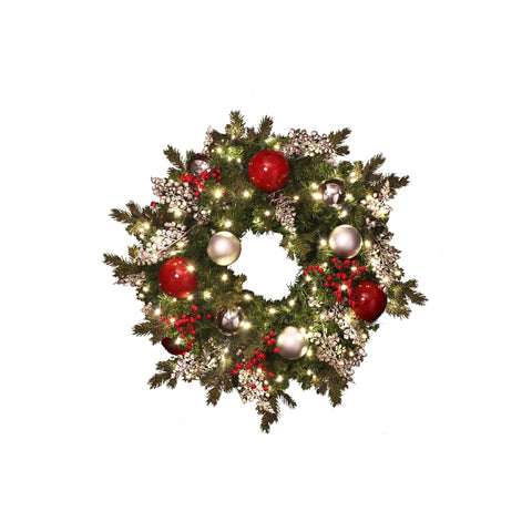 Wreath, Pre-Decorated Indoor: Mixed Pine PVC / PE Greenery, LED Warm White