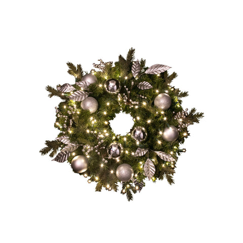 Wreath, Pre-Decorated Indoor: Mixed Pine PVC / PE Greenery, LED Warm White