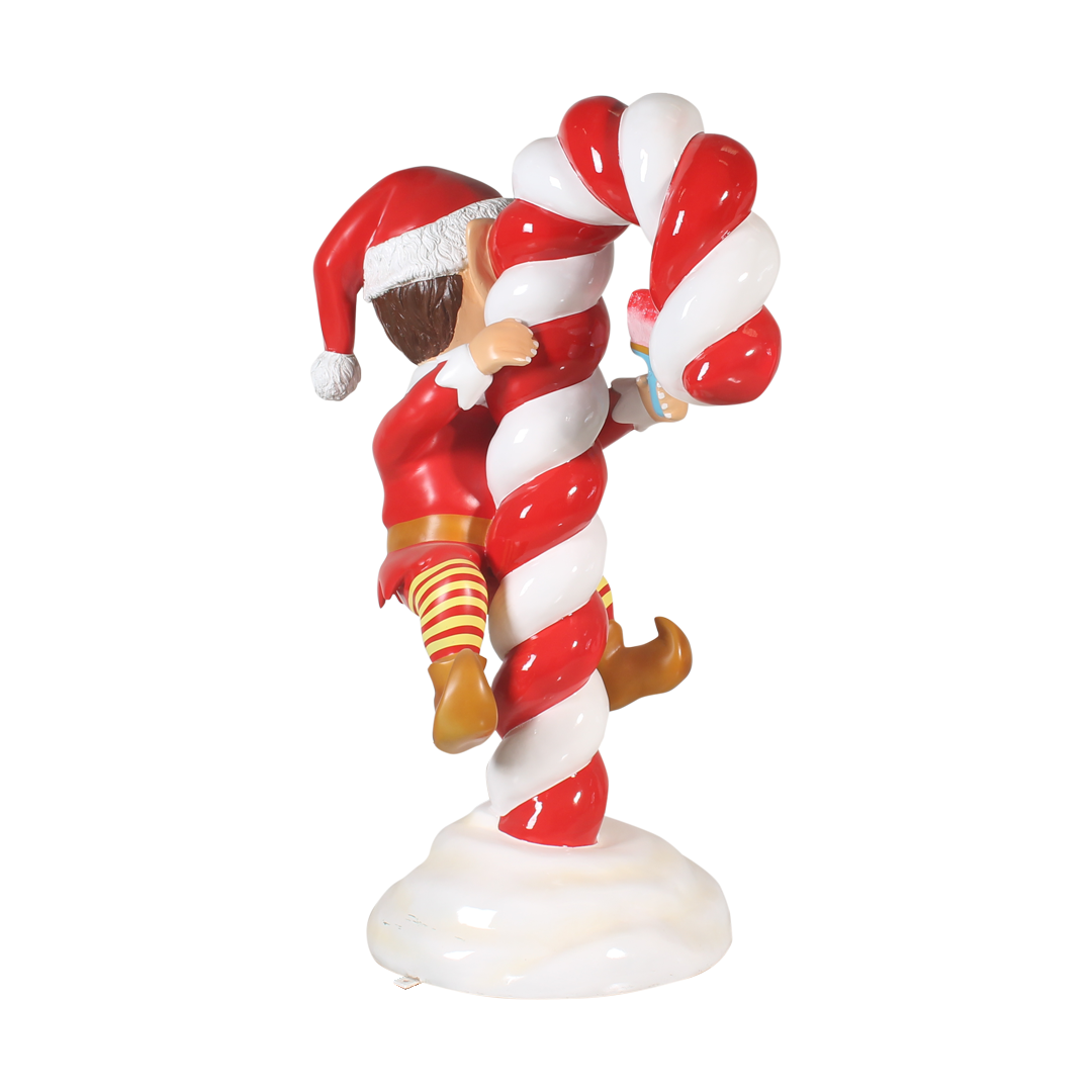 3ft 11in Fiberglass Resin Santa Elf on Candy Cane Statue