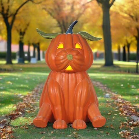 Halloween decoration pumpkin dog sitting