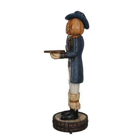 Lifesize Pumpkin-Headed Scarecrow Butler Statue, 72"