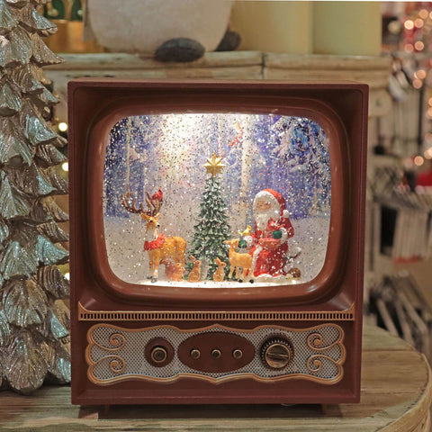 Musical Holiday Santa Scene Lighted Water TV With Forest Animals 9.8"H