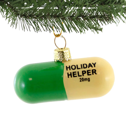 Glass Holiday Helper Pill Ornament, 1.25"