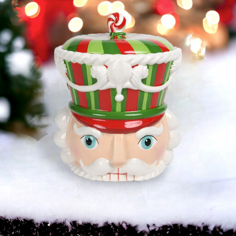 Red & Green Nutcracker Head Cookie Jar, 10"