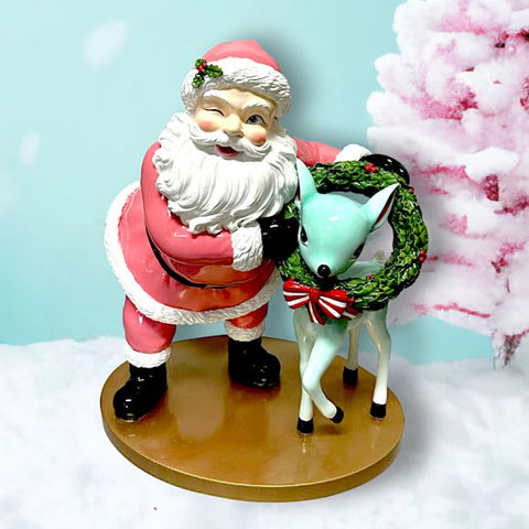 Retro Pink Santa w/Deer, 18"