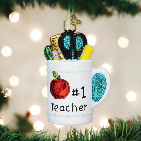 Glass "Best Teacher" Mug Ornament, 3.75"
