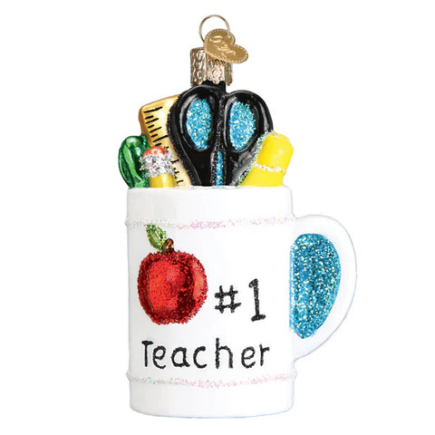 Glass "Best Teacher" Mug Ornament, 3.75"