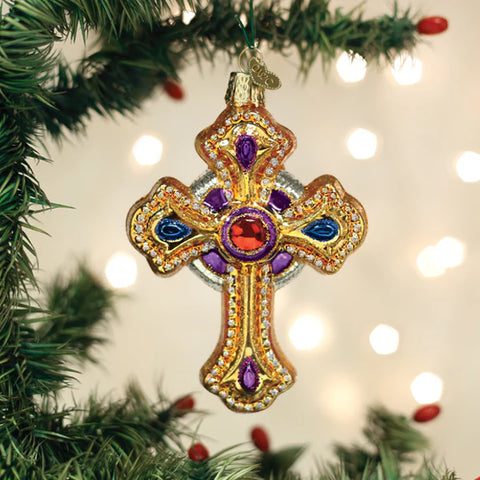 Ornate Jeweled Cross Glass Ornament