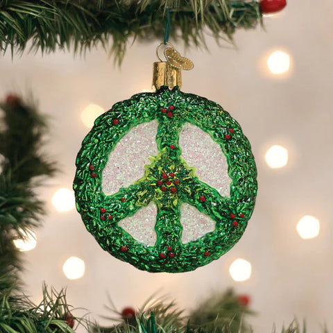 Holly Peace Symbol Ornament, 3.5"