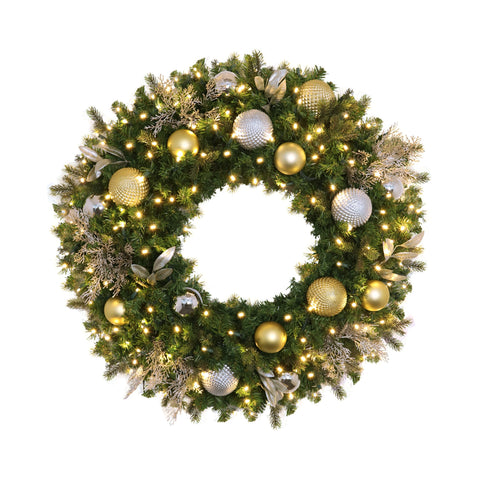 Wreath, Pre-Decorated Indoor: Mixed Pine PVC / PE Greenery, LED Warm White