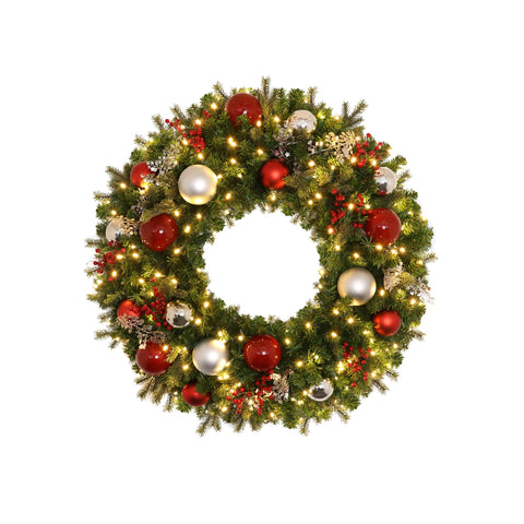 Wreath, Pre-Decorated Indoor: Mixed Pine PVC / PE Greenery, LED Warm White