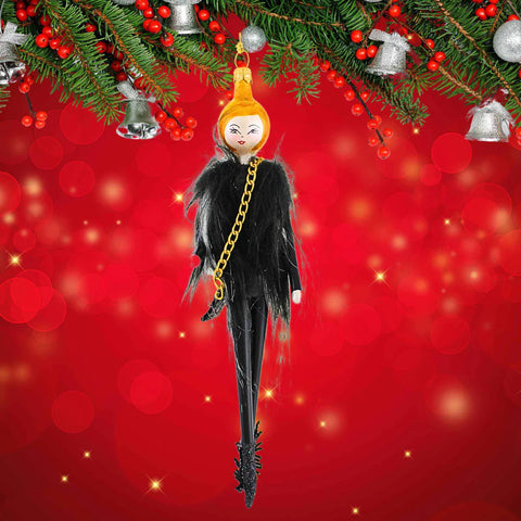 Raegan Lady in Fur Vest Glass Ornament, 6.75"