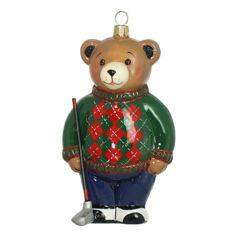 Golfer Teddy Bear in Green Sweater Ornament