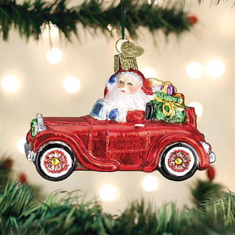 Santa in Antique Car Glass Ornament