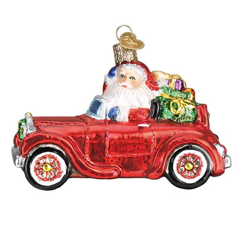 Santa in Antique Car Glass Ornament