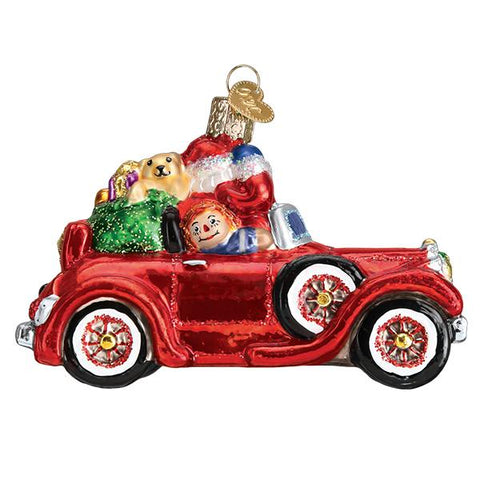 Santa in Antique Car Glass Ornament