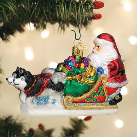 Santa's Dog Sled Glass Ornament