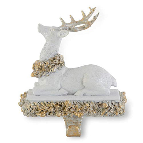 8 Inch White & Gold Glittered Sitting Reindeer Stocking Holder