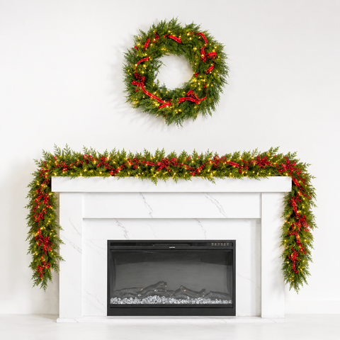 Cedar Pine Garland w/10 Red Illuma Bows, LED Lit, 9'