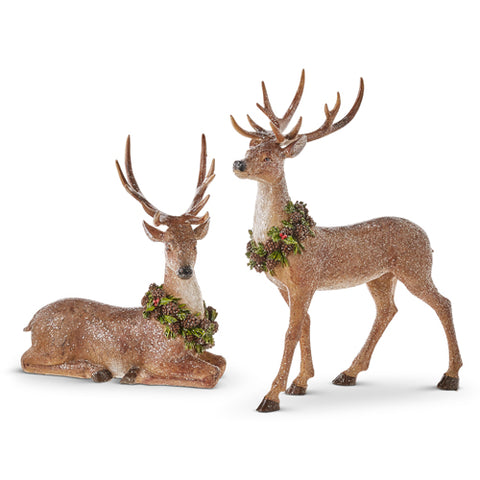 Set of 2 Brown Glittered 16" Deer w/Wreath