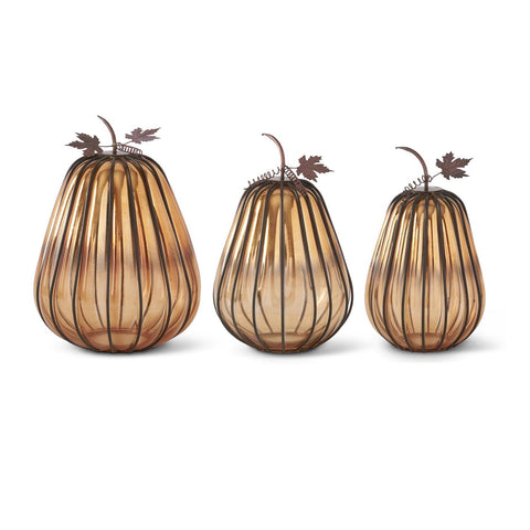 Orange Glass Pumpkin w/Dark Metal Stems (Set of 3)