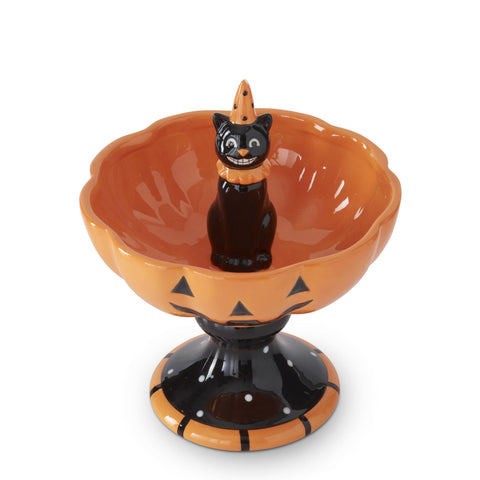 Ceramic Jack-O-Lantern Bowl w/Black Cat Figurine, 8.25"
