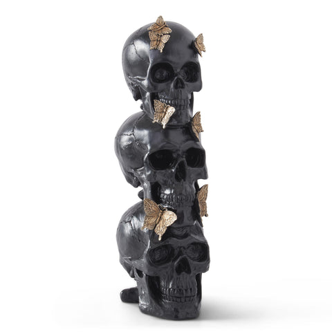 Black Resin 3 Stacked Skulls w/Gold Butterflies Figurine, 16"