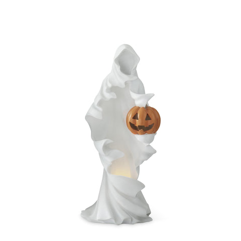 White Draped LED Ghost Holding Jack-O-Lantern Figurine w/Timer, 20"