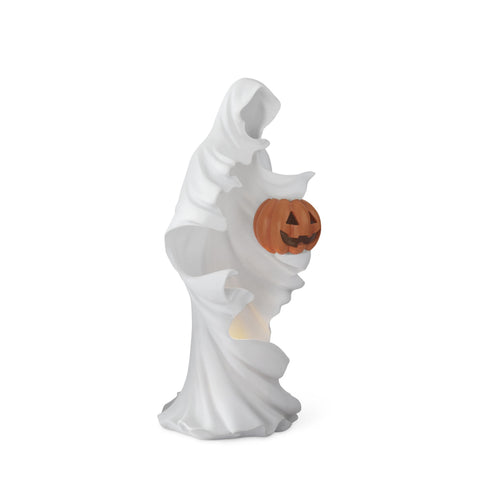 White Draped LED Ghost Holding Jack-O-Lantern Figurine w/Timer, 20"