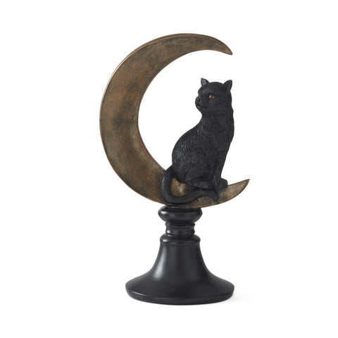 Black Resin Cat on Crescent Moon Figurine, 8.75"
