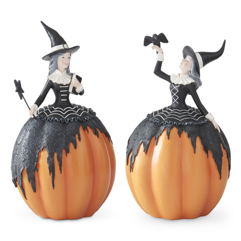 Orange & Black Resin Pumpkin Witches w/Crow, 14.75" (Set of 2)