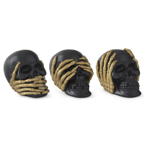 Black & Gold Resin See Hear Speak No Evil Skulls, 6.5" (Set of 3)