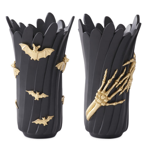 Black Resin Vases w/Gold Skeleton Hands & Bats, 12" (Set of 2)