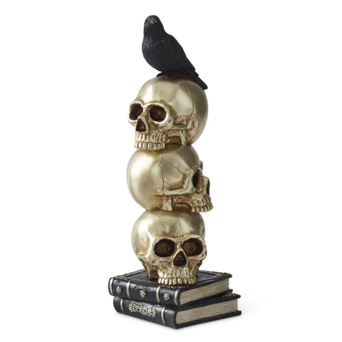 Gold Resin 3 Stacked Skulls & Crow Figurine, 16"