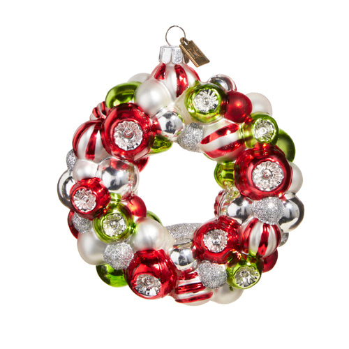 4" Red, Green and White Wreath Glass Ornament