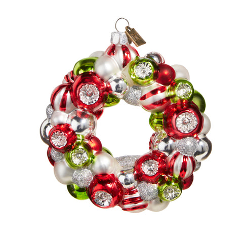 4" Red, Green and White Wreath Glass Ornament