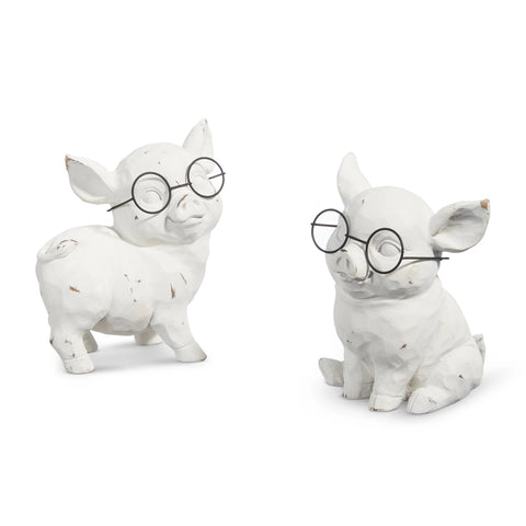 White Pig W/ Glasses Figurine, 6.5" (2 styles - sold individually)