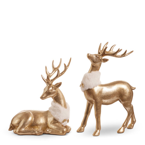 Set of 2 Gold 11.5" Deer w/Fur Collar