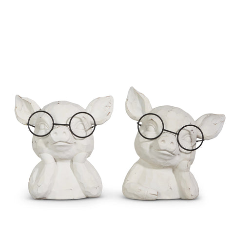 White Pig in Glasses Bust Figurine, 7" (2 styles - sold individually)