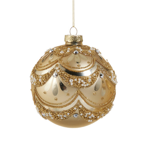 Gold Pearl Trimmed Glass Ornament, 4" (3 Styles - Sold individually)