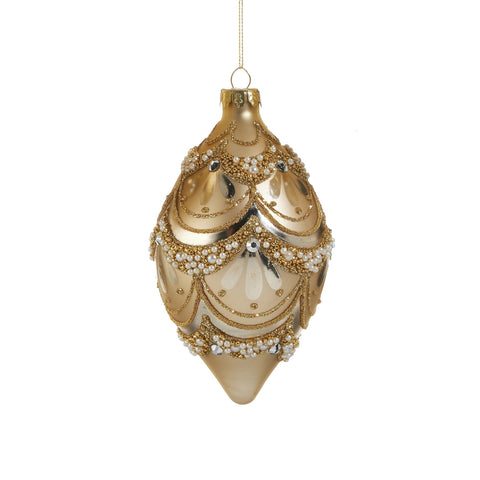 Gold Pearl Trimmed Glass Ornament, 4" (3 Styles - Sold individually)