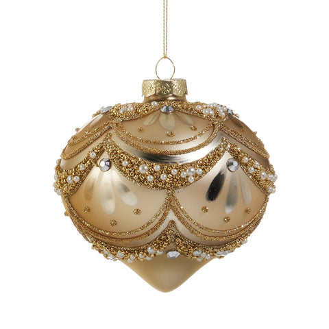 Gold Pearl Trimmed Glass Ornament, 4" (3 Styles - Sold individually)