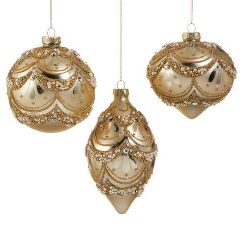 Gold Pearl Trimmed Glass Ornament, 4" (3 Styles - Sold individually)