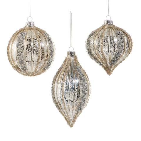 Mercury Glass Glitter Stripe Ornament, 4" (3 styles - sold individually)