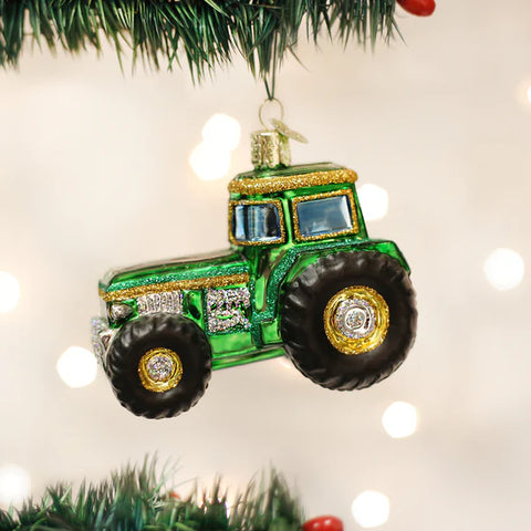 Glass Green Tractor Ornament, 3.5"