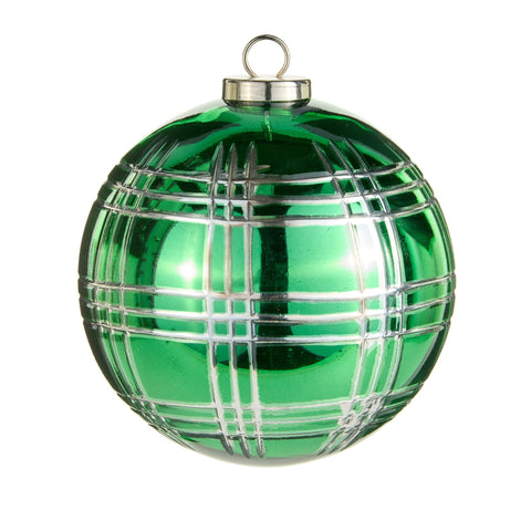 Green Etched Glass Ball Ornament, 6.5"