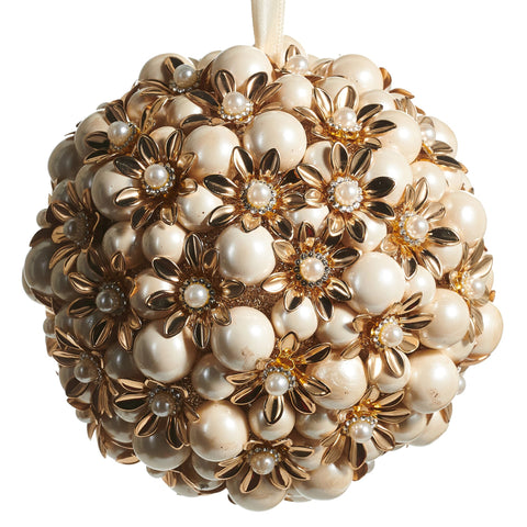 Pearl Floral Ball Ornament, 5" (Antique Gold)