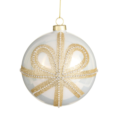 Gold Bow Glass White Ball Ornament, 5"