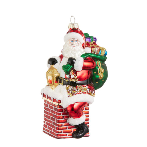 Glass Santa on Chimney Ornament, 6.75"