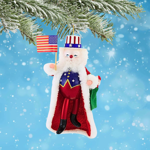 Americana Santa Glass Ornament, 6.5"